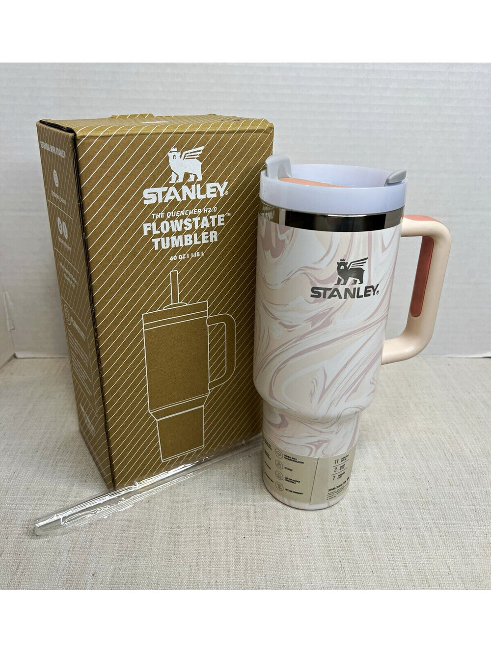 Stanley Quencher H2.0 FlowState 40 oz Marbled White/Pink w/ Handle